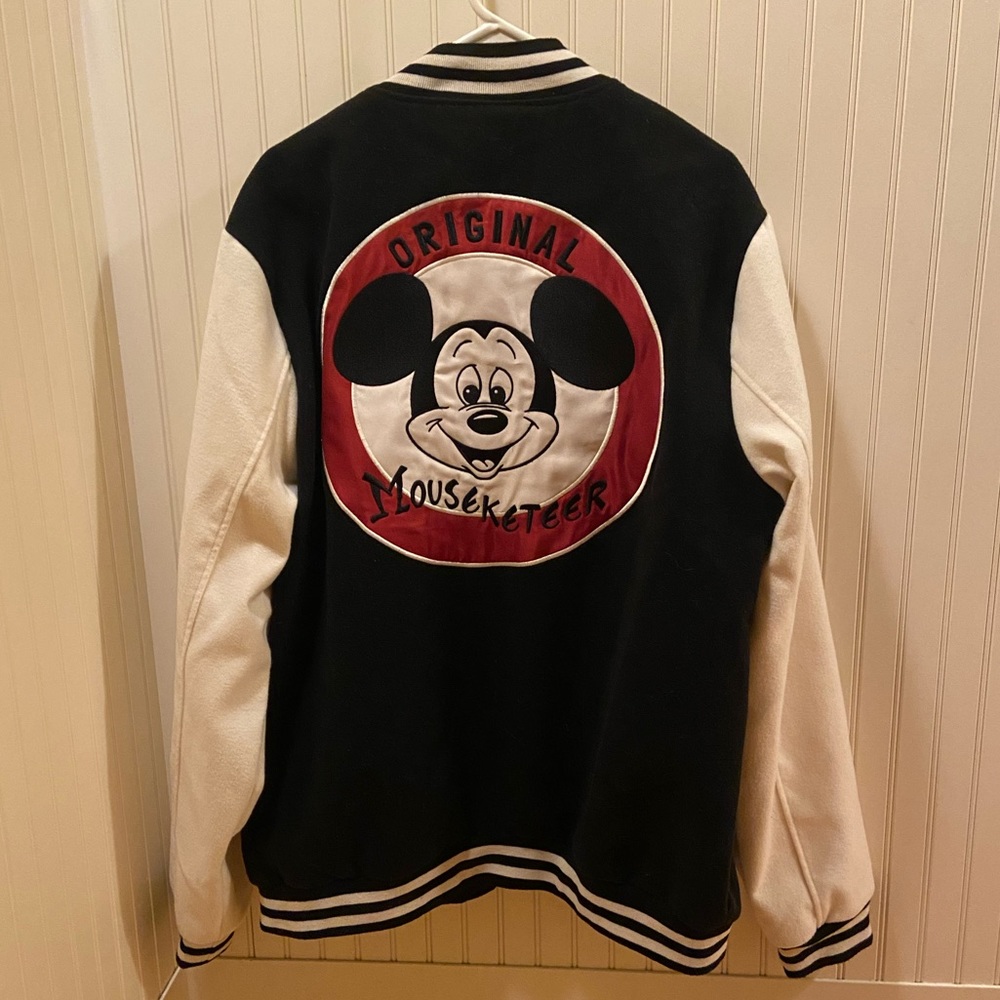 vintage mickey mouse club red cream and black embroidered varsity jacket